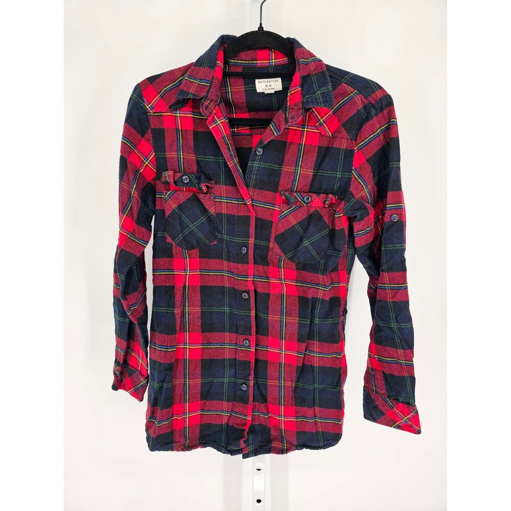 Matchstick Womens Sz S Long Sleeve Plaid Flannel Shirt Red Blue Holiday